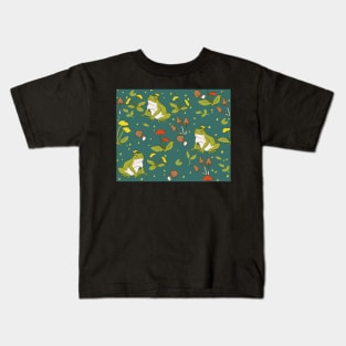 Cottagecore frogs and mushrooms and flowers on peacock green Kids T-Shirt